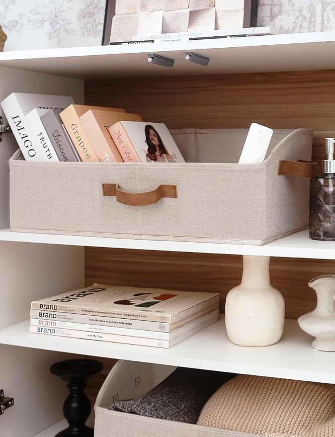 StorageWorks Closet Storage Bins, Trapezoid Organizer Box for Shelves, Fabric Clothes Bin, Foldable Organizing Baskets with Handles, Large, Brown and Beige, 3-Pack