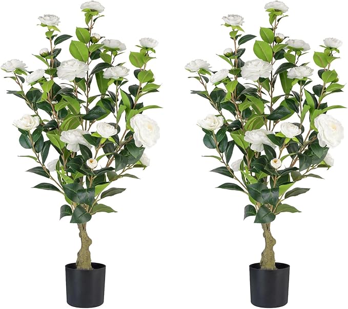 Artificial Camellia Tree 2 Pack, 3FT Faux Camellia Plant in Pot, 36 inch Fake Potted Camellia Flower Tree Plastic Camellia Tree for Modern Home Office Living Room Floor Decor Indoor, White
