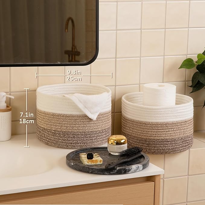 OIAHOMY Small Storage Baskets for Organizing,Closet Cube Shelf Storage, 9.8”×9.8”×7.1”, Woven Cotton Rope Gift Baskets for Nursery,Cute Dog Toy bins, Round 3 Packs, Gradient Brown