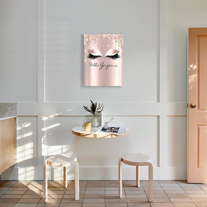 Feminine Eyelash Canvas Wall Art 12x16 Inch - Hello Gorgeous Framed Decor for Bathroom, Bedroom, Home Office - Rose Gold Girly Aesthetic Ready to Hang