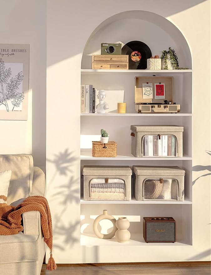 StorageWorks Storage Bins with Lids, Decorative Boxes with Clear Window for Clothes, Fabric Collapsible Baskets for Closet Organization, Medium, Brown, 3 Packs