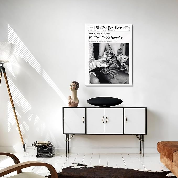 Trendy Wall Art Black and White Newspaper Poster Time To Be Happier Champagne Toast Canvas Wall Decor Retro News paper Style Home Decor for Living Room Home Dorm Alcohol Artwork for Gift 8x10 Framed
