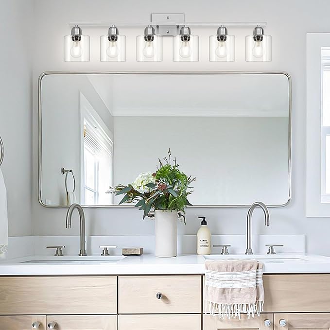Brushed Nickel Vanity Light, 6 Light Bathroom Lighting Fixtures Over Mirror with Clear Glass, 38 inch Bathroom Light for Oversized Mirrors, E26 Socket