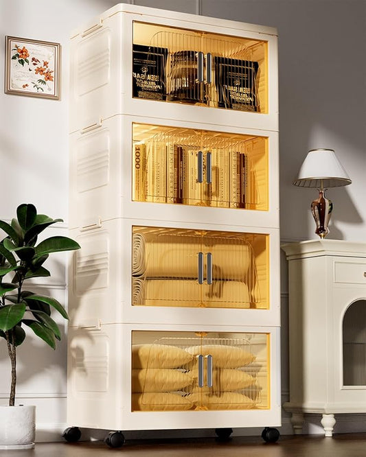 304QT Stackable Storage Bins with Lids 4 Pack, 76Gal Storage Containers with Smooth-Rolling Wheels, Plastic Closet Organizers and Storage, Collapsible Storage Bins for Home, Office and Dorm