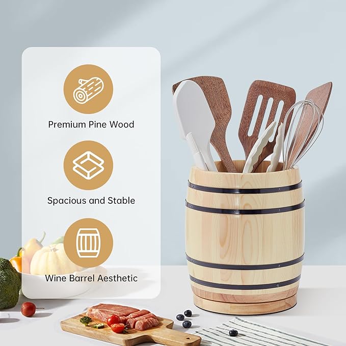 Natural Pine Wood 360° Rotating Wine Barrel Utensil Crock - Kitchen Countertop Organizer & Cooking Tool Holder, Rustic Farmhouse and Western Decor, Ideal Spoon/Spatula Storage, Kitchen Decor Accessory