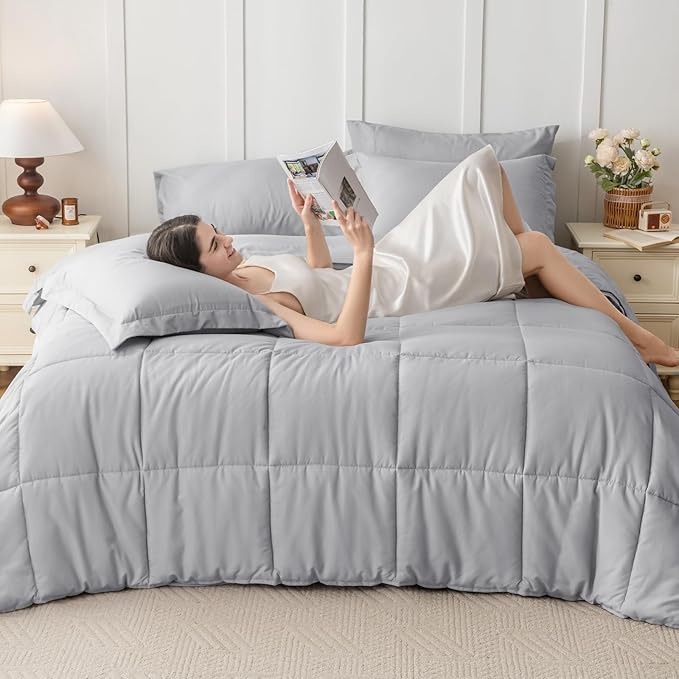 JOLLYVOGUE Full Comforter Set, Ultra-Soft Bed in a Bag Full Size 7 Pieces, Oeko-TEX Certified Bedding Set with Down Alternative Comforter, Sheets, Pillowcases & Shams, Light Grey