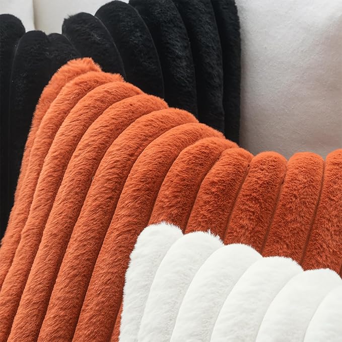 MIULEE Fall Faux Fur Lumbar Decorative Throw Pillow Covers 12x20 Inch Set of 2, Retro Vintage Boho Home Decor Soft Plush Couch Pillows Cozy Fluffy Cushion Covers for Sofa Bed Burnt Orange