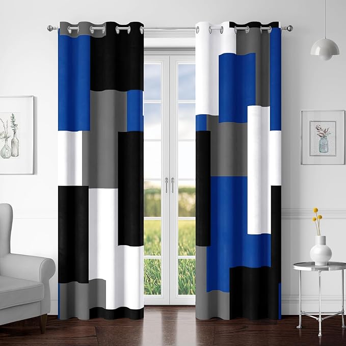Royal Blue 100% Blackout Curtains for Bedroom 72 inch Length 2 Panels Set White Grey Modern Abstract Geometric Black Out Curtains Insulated Room Darkening Window Drapes for Living Room, 52Wx72L