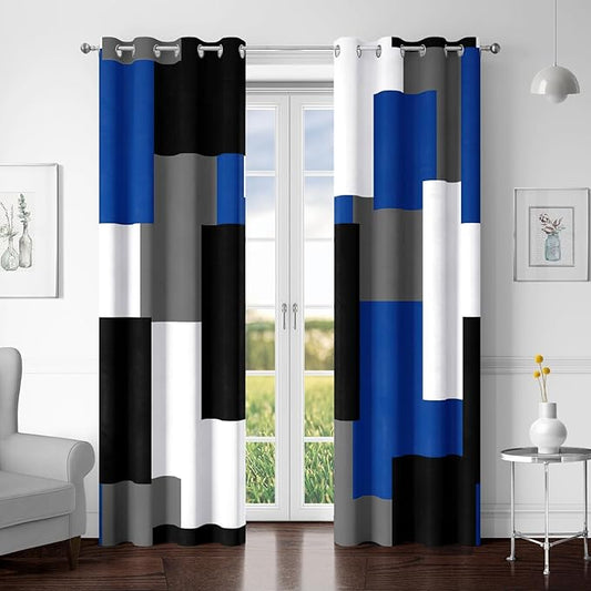 Royal Blue 100% Blackout Curtains for Bedroom 72 inch Length 2 Panels Set White Grey Modern Abstract Geometric Black Out Curtains Insulated Room Darkening Window Drapes for Living Room, 52Wx72L