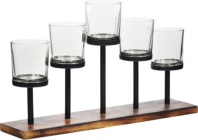 Elegant Decorative Votive Candle Holder Centerpiece, 5 Glass Cups on Wood Base-Tray for Anniversary, Wedding, Dining Table Centerpiece, Decorations Living Room, Decor Coffee Table Centerpiece, Menorah