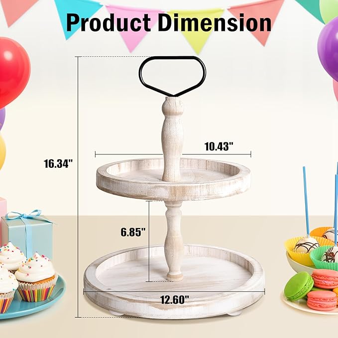 Mustry Rustic Wooden 2 Tiered Tray, Round Farmhouse Kitchen Table Decor Serving Tier Tray, Food Fruits Cupcake Display Coffee Bar Home Party Seasonal Decorations (White)