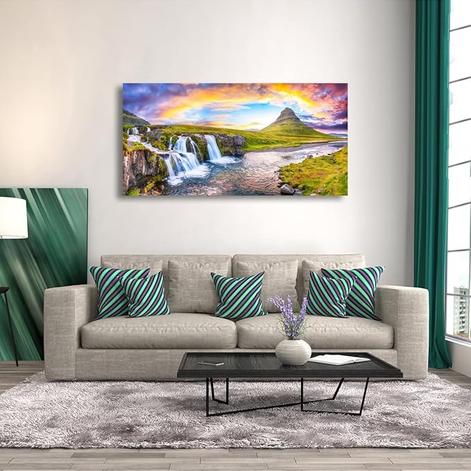 Waterfall Hill Pictures Canvas Wall Art For Living Room Bedroom Wall Decor,Hill Wall Art Print Paitnings for Home Decor,Morden Artwork Cloud Rainbow Canvas Art Waterproof Ready to Hang-20X40Inches