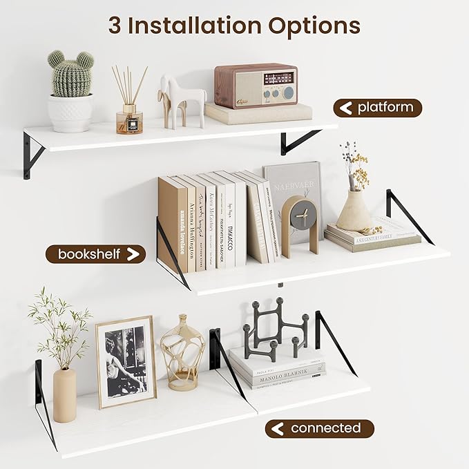 Fun Memories Floating Shelves for Wall, 12 Inch Deep Floating Shelves Set of 2, 55W x 12D Large Wall Shelf with Sturdy Metal Brackets for Living Room, Bathroom, Bedroom and Kitchen, White