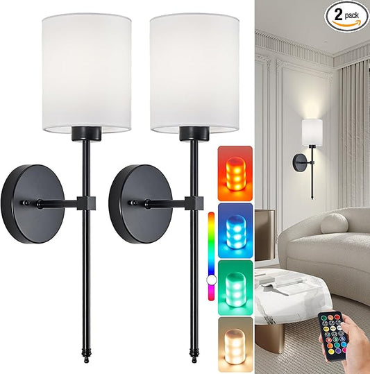 Battery Operated Wall Sconce Set of 2, Black Cordless Rechargeable Wall Sconces with Dimmable LED Bulb and Remote, 13 Colors Wall Lights for Bedroom Living Room Hallway