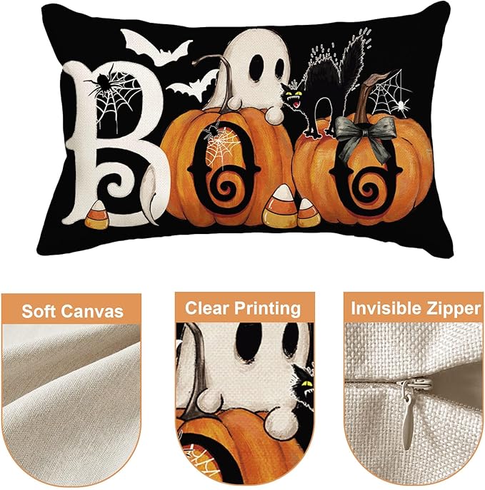 Baccessor Halloween Pillow Cover 12x20 Inch, Black Boo Ghost Spooky Lumbar Pillow Case Halloween Decor for Cushion Sofa Couch Indoor Outdoor Decoration 1 Piece