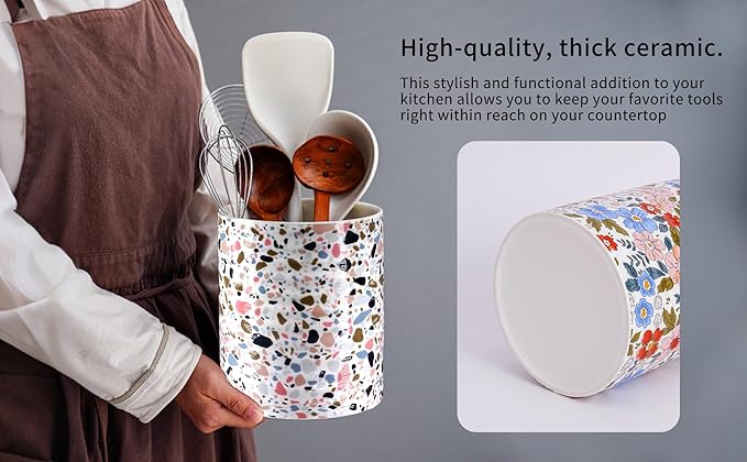 Kitchen Utensil Holder,7.2″Extra Large Stable Terrazzo Marble Pattern Ceramic Utensil Crock,Utensil Organizer for Countertop,Kitchen Decor,Utensil Holder for Housewarming,Wedding Gift Pink