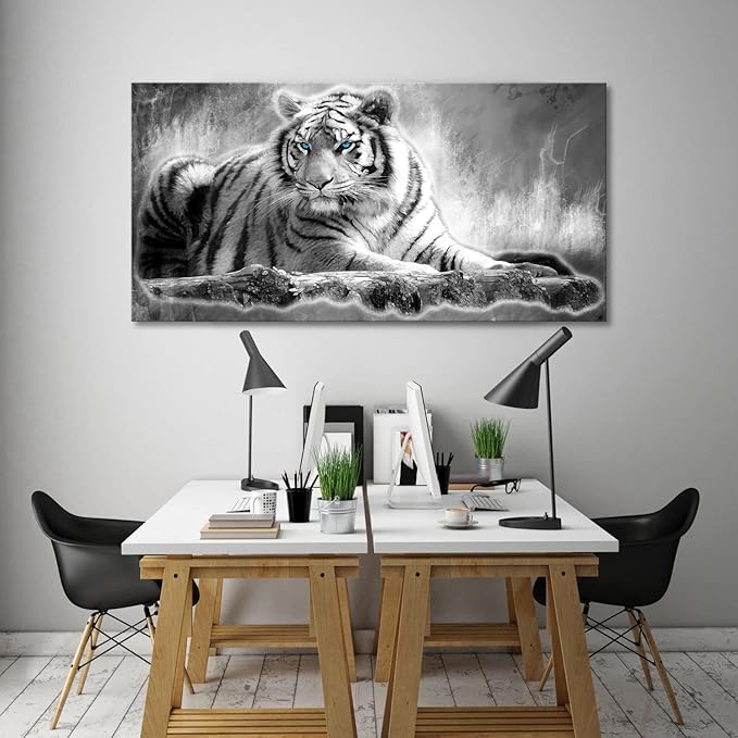Yxbhhym Animal Black and White Tiger Canvas Wall Art Picture Tiger Painting Print Gallery Wrap Office Bathroom Living Room Decoration Modern Home Art Framed Wall Art– 20X40inch