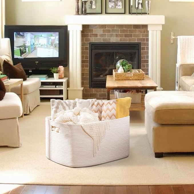 OIAHOMY XXLarge Rectangle Blanket Basket-96L, Cotton Woven Basket for Storage, Dirty Clothes Basket for Living Room, Nursery, Bedroom, Toy Organizing with Handle, 24" x 16" x 15", White