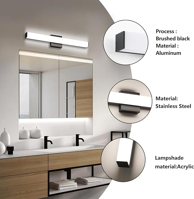 Bathroom Vanity Light Brushed Nickel Square LED 24 inch 14W 4000K Natural White Light Wall Bar Lighting Fixtures Over Mirror (Matte Black, 24inch 4000K Dimmable)
