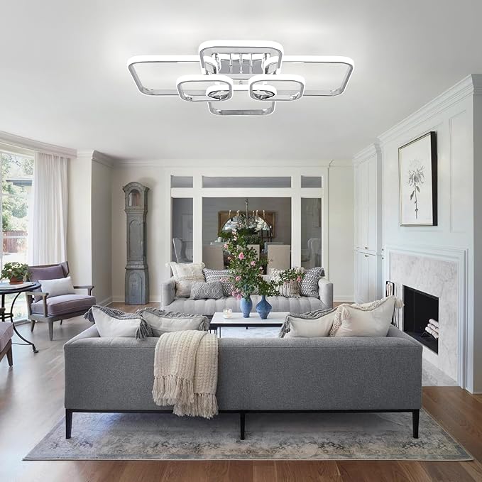31.5" Modern LED Ceiling Light 6-Square Dimmable Ceiling Light Fixtures with Remote 3000K-6000K Chrome Close to Ceilings Lamp 60W Flush Mount Ceiling Lamp for Living Room, Bedroom
