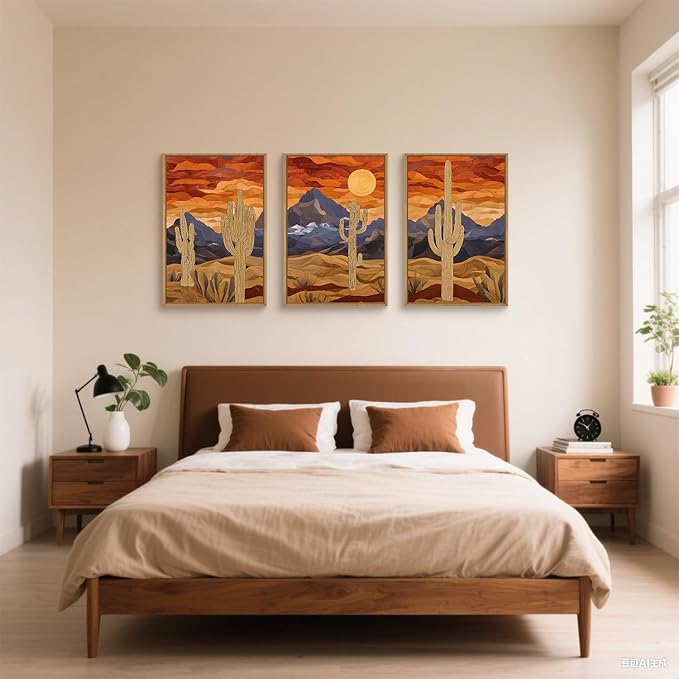 HPNIUB Mountains Desert Framed Canvas Wall Art Set, Abstract Sun Art Prints, Modern Cactus Paintings Artwork, Mid Century Southwestern Landscape Wall Decor for Living Room, Bedroom, Office-16 x24 x3