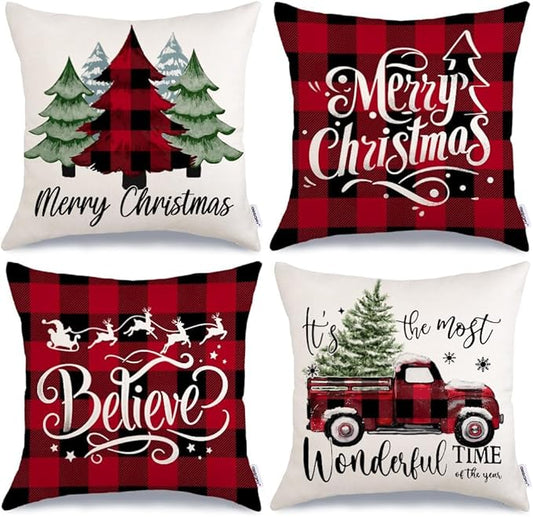 GEEORY Merry Christmas Throw Pillow Covers 20x20 Inch Set of 4, Xmas Trees Truck Buffalo Plaid Believe Farmhouse Decorative Cushion Cases for Home Decoration G421-20