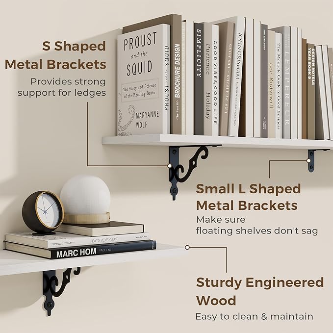 RICHFOCUS Floating Shelves for Wall Decor, 55.1W x 8D Wall Shelves Set of 2, 8 Inch Deep Rustic Wood Shelves Wall Mounted with Brackets, Long Floating Shelves for Living Room Bedroom Kitchen, White