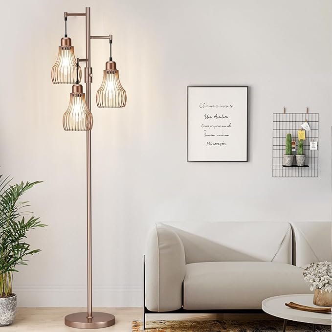 Dimmable Floor Lamps for Living Room, Industrial Tree Standing Tall Lamps with 3 Elegant Cage Shade & 800 Lumens LED Bulbs for Bedroom Office - Brown