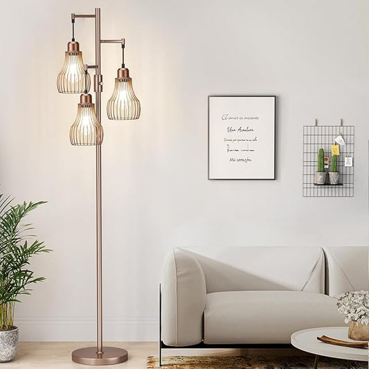 Dimmable Floor Lamps for Living Room, Industrial Tree Standing Tall Lamps with 3 Elegant Cage Shade & 800 Lumens LED Bulbs for Bedroom Office - Brown