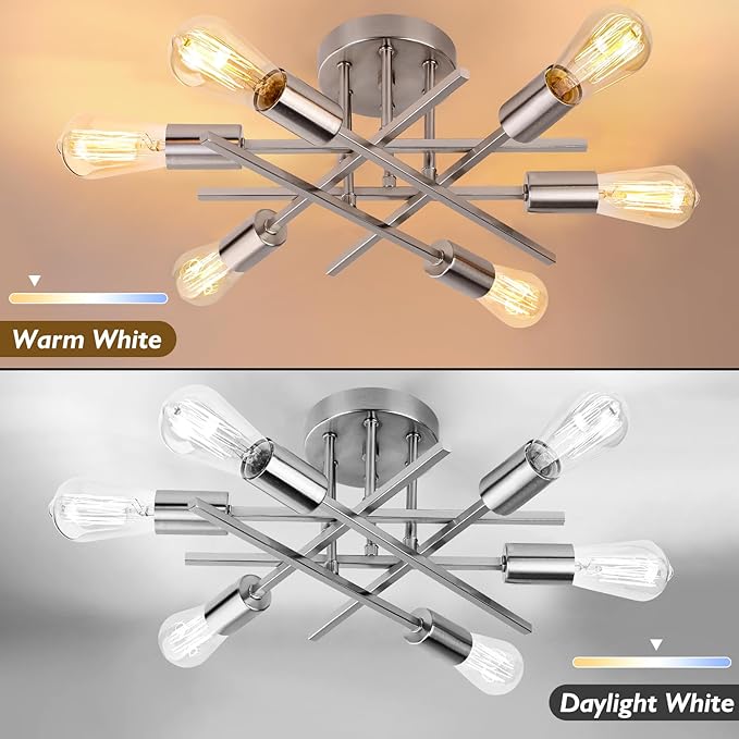 TOBUSA 6-Light Silver Semi Flush Mount Ceiling Light Fixture, Modern Industrial Brushed Nickle Sputnik Ceiling Light, E26 Close to Ceiling Light for Kitchen Bedroom Dining Room Living Room Hallway