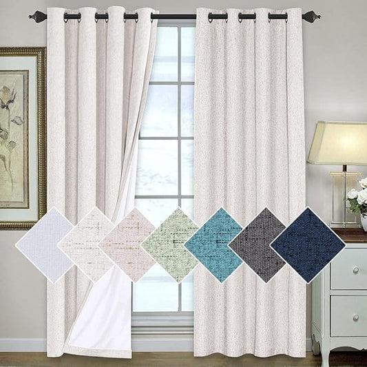 H.VERSAILTEX 100% Blackout Curtains for Bedroom 84 Inches Long Grommet Linen Face Full Light Blocking Curtain Drapes for Living Room Thermal Insulated Linen Look Curtains 2 Panels Set, Ivory