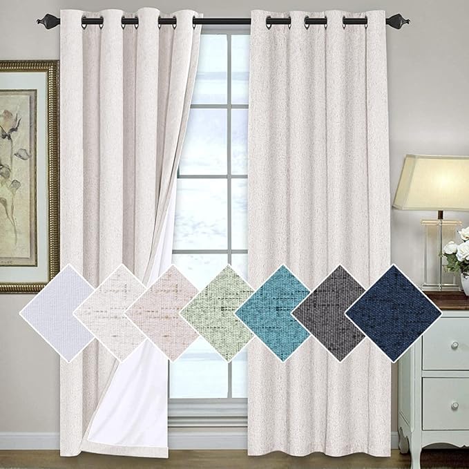 H.VERSAILTEX 100% Blackout Curtains for Bedroom 96 Inches Long Grommet Linen Face Full Light Blocking Curtain Drapes for Living Room Thermal Insulated Linen Look Curtains 2 Panels Set, Ivory