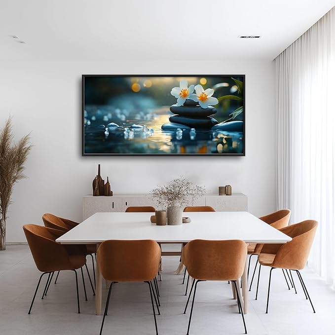 Zen Framed Wall Art for Living Room, Large Lotus Canvas Wall Decor, Stones in Water Landscape Pictures Painting, Modern Artwork for Spa Bathroom Bedroom 60L'' × 30W''