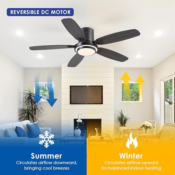 Low Profile Ceiling Fan with Lights and Remote/APP, 50 Inch Modern Flush Mount Ceiling Fan with 3CCT 6-Speeds Quiet DC Motor,Dimmable 3-Color Temperatures for Living Room Bedroom(Black)