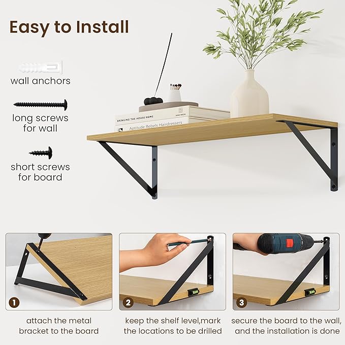 Fun Memories Deep Floating Shelves for Wall, 24W x 8D Wall Mounted Shelves Set of 2, Wide Display Ledge Shelf with Sturdy Metal Brackets for Living Room, Bathroom, Bedroom and Kitchen, Oak