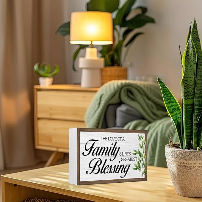 The Love of a Family is Life's Greatest Blessing Wooden Box Sign Decor,Rustic Family Wooden Block Plaque Sign for Home Farmhouse Living Room Bedroom Shelf Desk Table Wall Decor