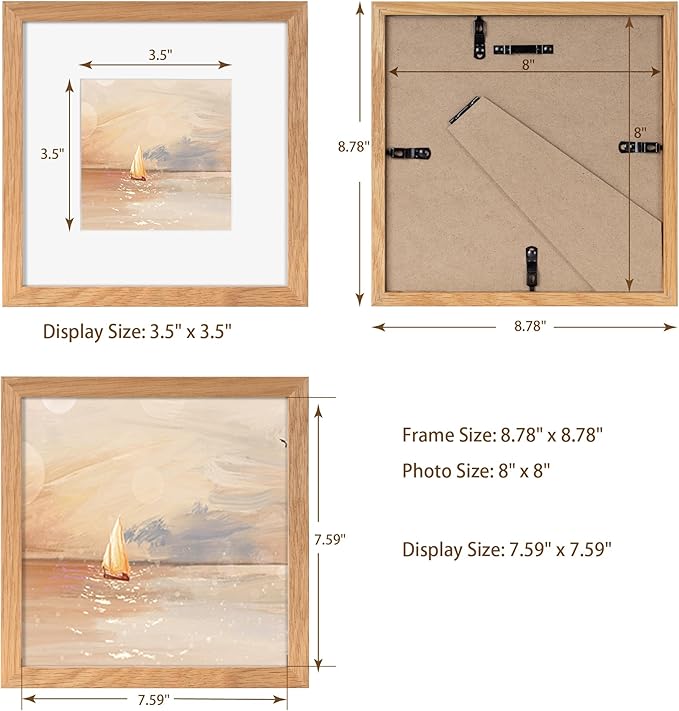 8x8 Picture Frame, Solid Oak Wood 8 x 8 Picture Frames Matted to 4 x 4,Square 8 x 8 Wood Frame with Tempered Real Glass, Rustic 8x8 Photo Frame for Wall & Tabletop Display