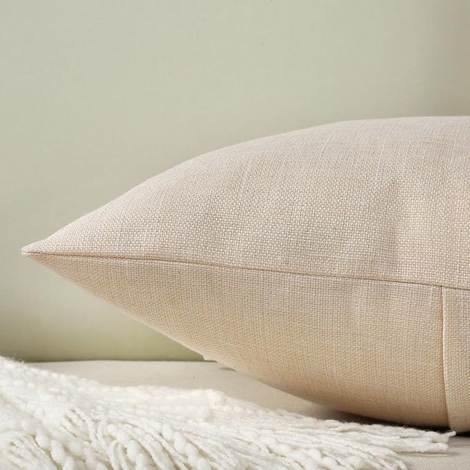HAUSSY Beige Linen Decorative Throw Pillow Covers 20x20 Inch Set of 2,Square Cushion Case with 3 Vintage Buttons,Modern Farmhouse Home Decor for Couch,Bed
