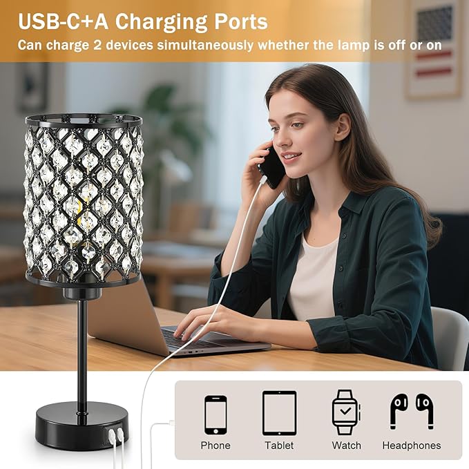 Touch Control Table Lamp, Black Crystal Table Lamps Set of 2 with 2 USB Charging Ports, 3-Way Dimmable Bedside Nightstand Lamps for Living Room, Bedroom, Guest Room, Bulbs Included