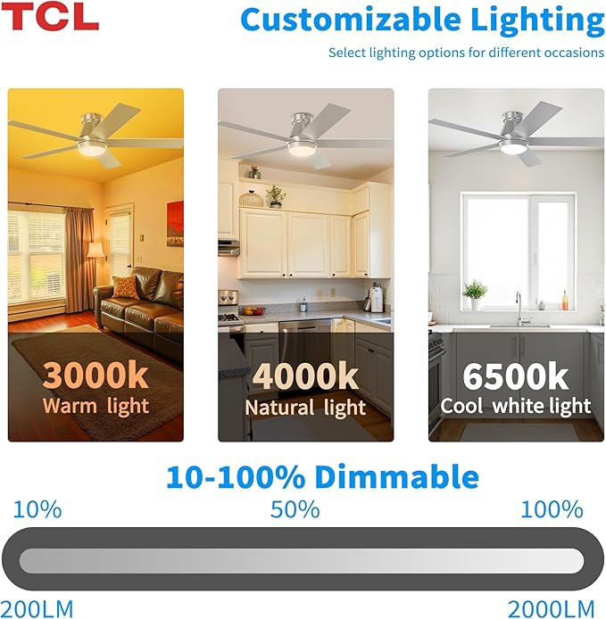 TCL 52" Silver Ceiling Fan with Light and Remote, Modern LED 3-Color, Quiet Motor for Bedroom, Living Room, Dining Room, Ceiling Fans with Lights (Silver)