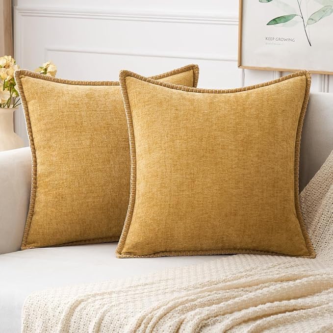 MIULEE Pack of 2 Couch Throw Pillow Covers 24x24 Inch Gold Farmhouse Decorative Pillow Covers with Stitched Edge Soft Chenille Solid Dyed Fall Pillow Covers for Sofa Bed Living Room