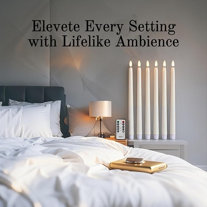 VENTA Set of 6 Flameless Taper Candles with Remote | 14-Inch Ivory LED Candlesticks with Timer | Realistic Flickering Light for Wedding Centerpieces, Dinner Table & Home Decor
