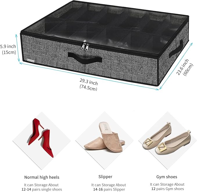 Onlyeasy Sturdy Under Bed Shoe Storage Organizer, Set of 2, Fit 12 to 24 Pairs, Underbed Shoes Closet Storage Solution with Clear Window, Breathable, L29.3"x W23.6"x H5.9", Linen-like Black, MXAUBSB2P