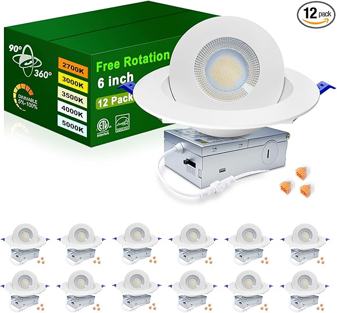zouzai 5CCT LED Gimbal Led Recessed Light with Junction Box, 360°+90° Adjustable Directional Eyeball Lighting, Dimmable, 2700K/3000K/3500K/4000K/5000K,ETL&Energy Star (6 inch, White 12 Pack)