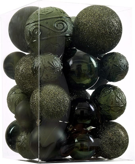 Wironlst Christmas Ball Ornaments - 30pcs Shatterproof Plastic Christmas Ornaments Hanging Ball Decorations for Xmas Tree, Holiday, Wedding, Party (Multi-Size, Dark Green)