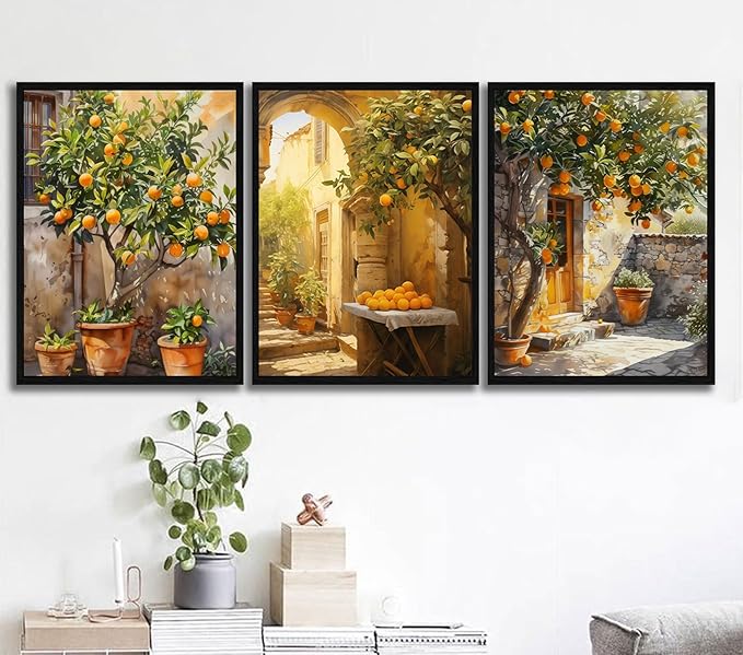 3Pcs Framed Canvas Wrap Wall Art Vintage Citrus Gallery Poster Artwork Mediterranean Style Pictures for Living Room Kitchen Bedroom Farmhouse or Dining Room 16x24 Inch