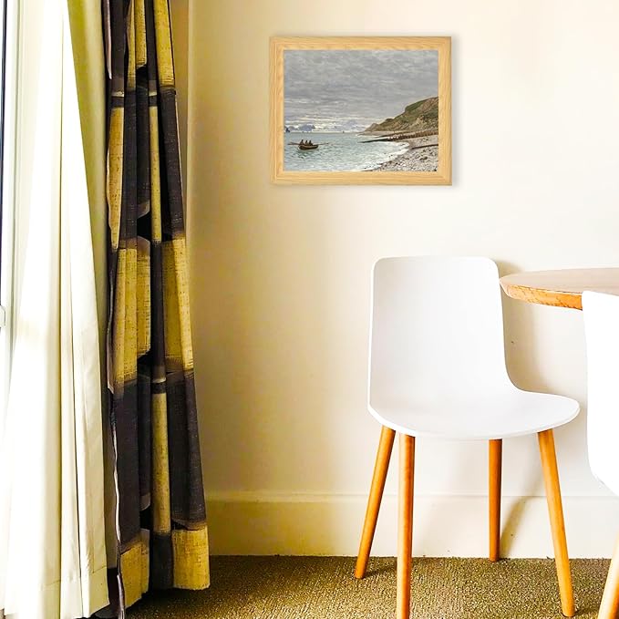 Brivoria Framed Canvas Wall Art Vintage Decor, Coastal Landscape with Rowboat Rocky Beach and Wooden Jetty Below Cloudy Sky for Hallway Dining Room or Reading Nook Wall Decoration, 13"x16"