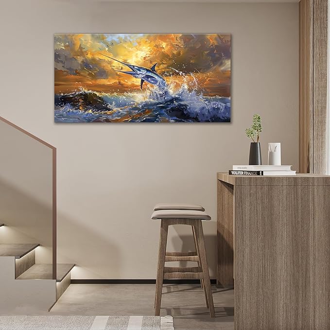 Mecowcm 30x60 inch Large Nautical Fish Wall Art Swordfish Pictures Wall Decor Abstract Ocean Marine Life Canvas Print Coastal Wave Painting Artwork Home Decorations for Living Room Bedroom Office