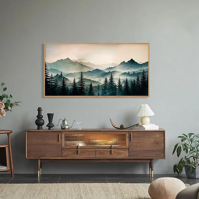 HPNIUB Large Green Mountain Framed Canvas Wall Art,Foggy Forest Wall Decor,Modern Watercolor Boho Pine Tree Wall Painting,Nature Mountains Landscape Art Print for Living Room,Bedroom,Office-20 x40