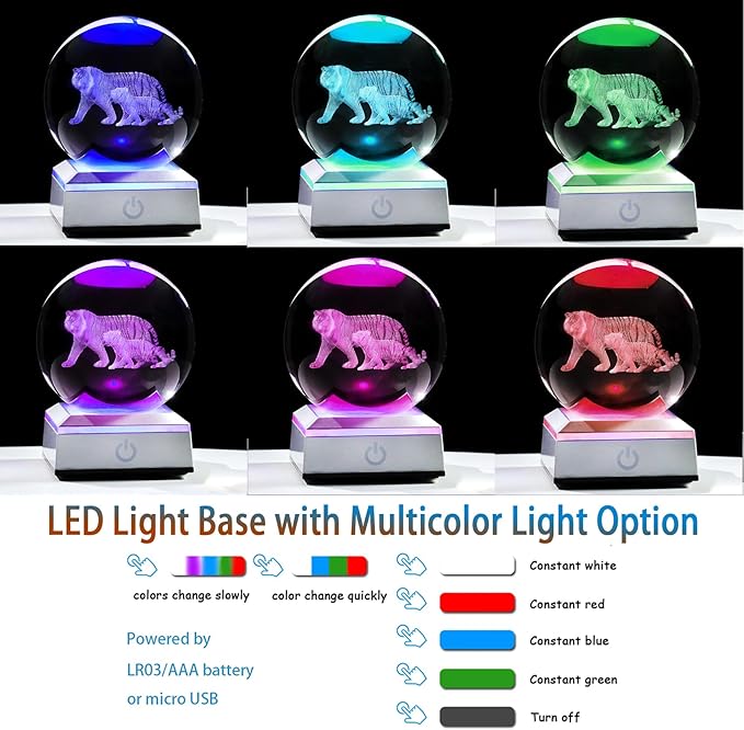 Ornalrist 3D Tiger's Crystal Ball with LED Light Base 3.15in - Tiger Gifts for Women, Mom on Mother's Day from Son, Daughter - 3D Crystal Ball Lamp Engraved Tiger Mother & Child Figurine Home Decor
